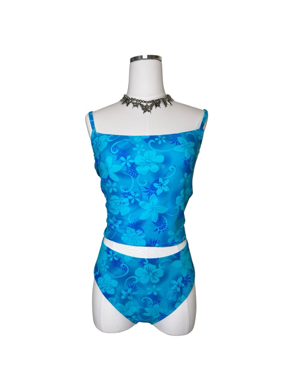 Y2K No Boundaries Blue Hibiscus Floral Two-Piece Tankini Swim Set Size Large